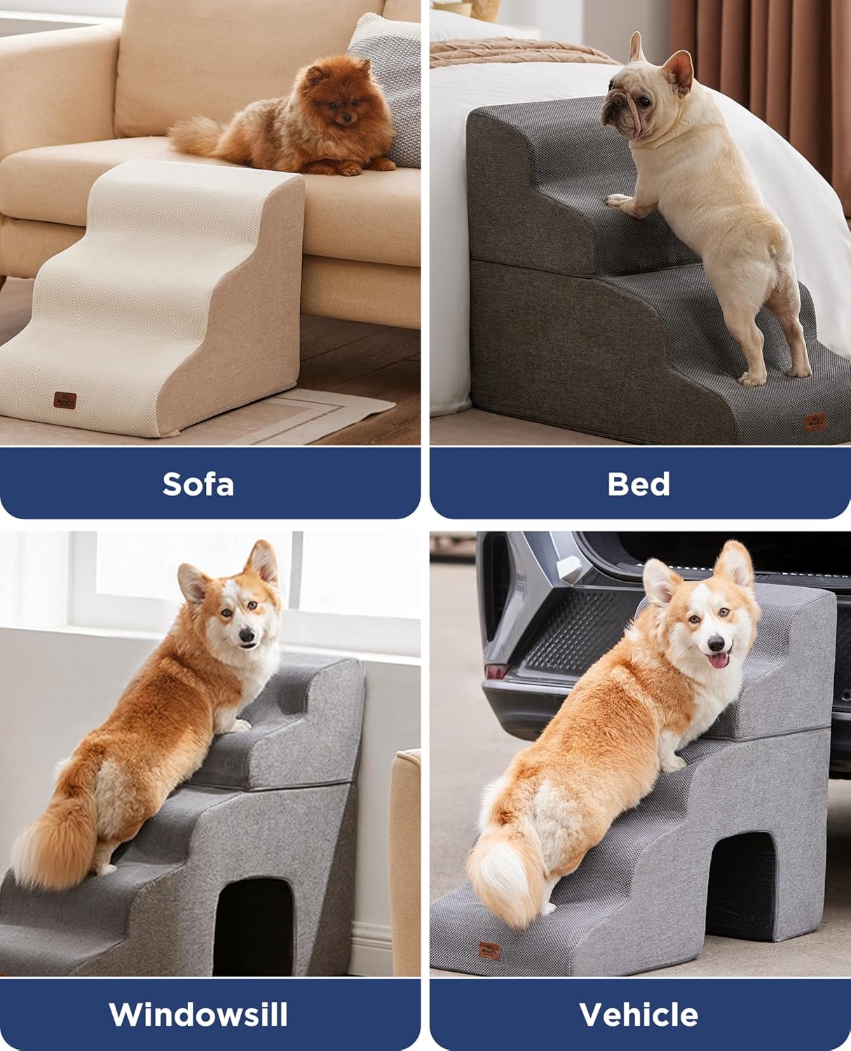 Beige Curved Dog Stairs Ramp for Small Dogs & Cats 22.8" H, 4-Step Dog Steps for Couch Sofa and Chair, Pet Stairs for Cats, Non-Slip Balanced Pet Steps - Pet Explorer