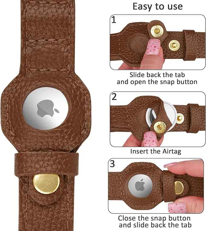 Leather Airtag Dog Collar - Soft Tracking Dog Collar with Apple AirTag Holder and Metal Buckle - Safety GPS Pet Collars for Small Medium Large Dogs Puppy Pink Red (Brown, S, 12"-15" Neck Fit)