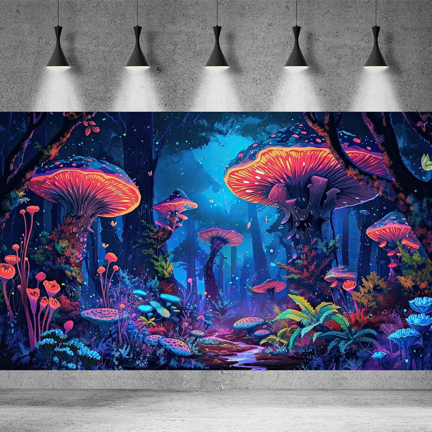 Mushrooms Aquarium Background Fantasy Bright Flowers Butterflies Fish Tank Backdrop Decoration Poster Trippy Wonderland Landscape with Giant Mystical Mushrooms Terrarium Background Decor 36x24in - Pet Explorer