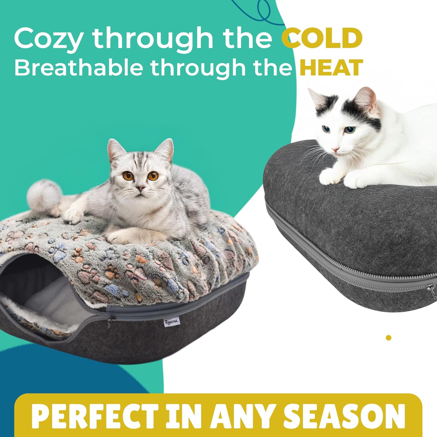 RINGTAIL Peekaboo Cat Cave - Cat Caves for Indoor Cats, Cat Donut Tunnel Bed, Kitten Beds Felt, Cat Bed Cave Square with Two Fluffy Fleece Cushion, Nest Cove Scratch-Resistant Detachable & Washable - Pet Explorer