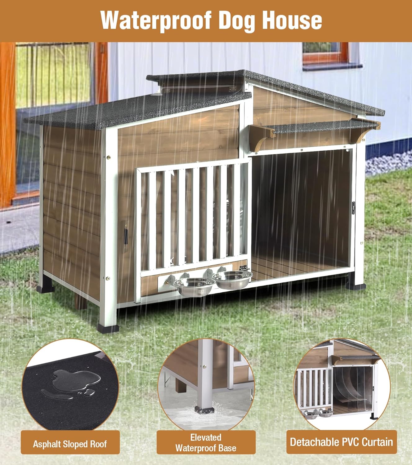 GUTINNEEN Dog House Outdoor with Anti-Chewing Metal Frame, Wooden Dog Kennel with 360° Rotating Feeding Bowl, Weatherproof Roof, for Indoor & Outdoor Use - Brown - Pet Explorer