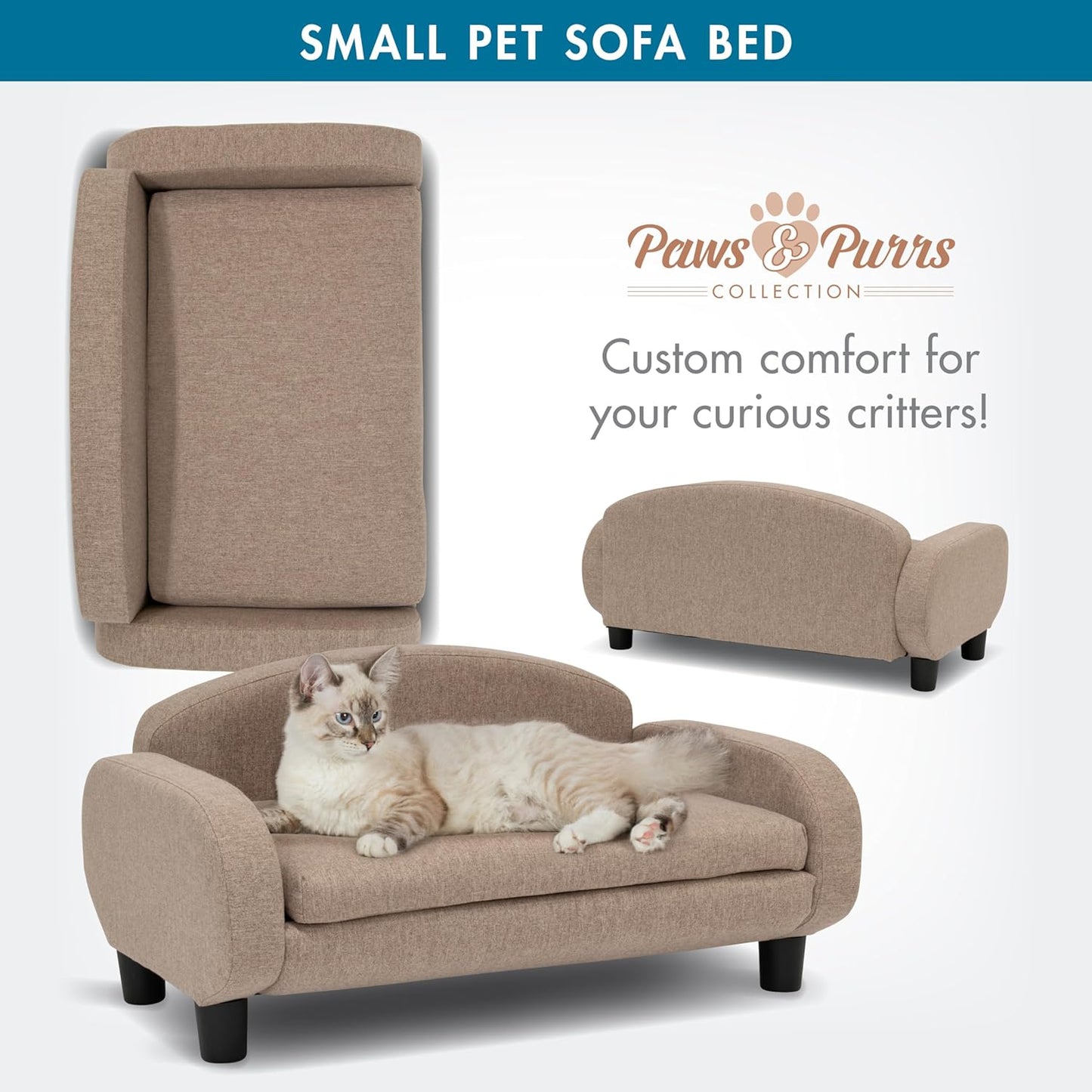 Paws & Purrs Cat Sofa Bed, Pet Couch for Indoor Cats Elevated Cat Beds with Removable Washable Mattress Cover for Kitten, Puppy or Small Animal- 31.5" Wide, Sand - Pet Explorer