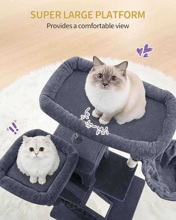 Large Cat Tree, 72 Inch Tall Indoor Cat Tower for 6 Large Cats, Corner Climbing Activity Pet Condo with 2 Large Platforms/2 Cats House/6 Scratching Post/1 Hanging Basket, Dark Gray MS18318SG