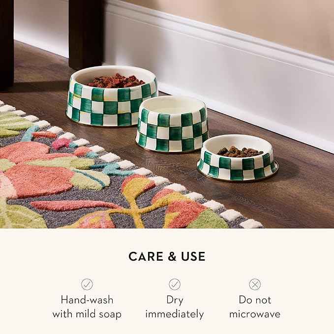 MACKENZIE-CHILDS Enamel Pet Bowl, Cute Cat and Dog Bowl for Food and Water, Medium, Green-and-White Emerald Check