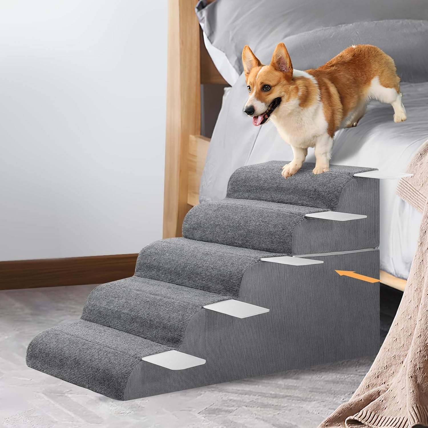 𝟱 𝗦𝘁𝗲𝗽𝘀 Dog Stairs for High Beds, 21.3" Tall Pet Steps for Small to Large Dogs & Cats, Waterproof with Removable Cover & PE Support Board for Bed, Couch, or Car - Pet Explorer
