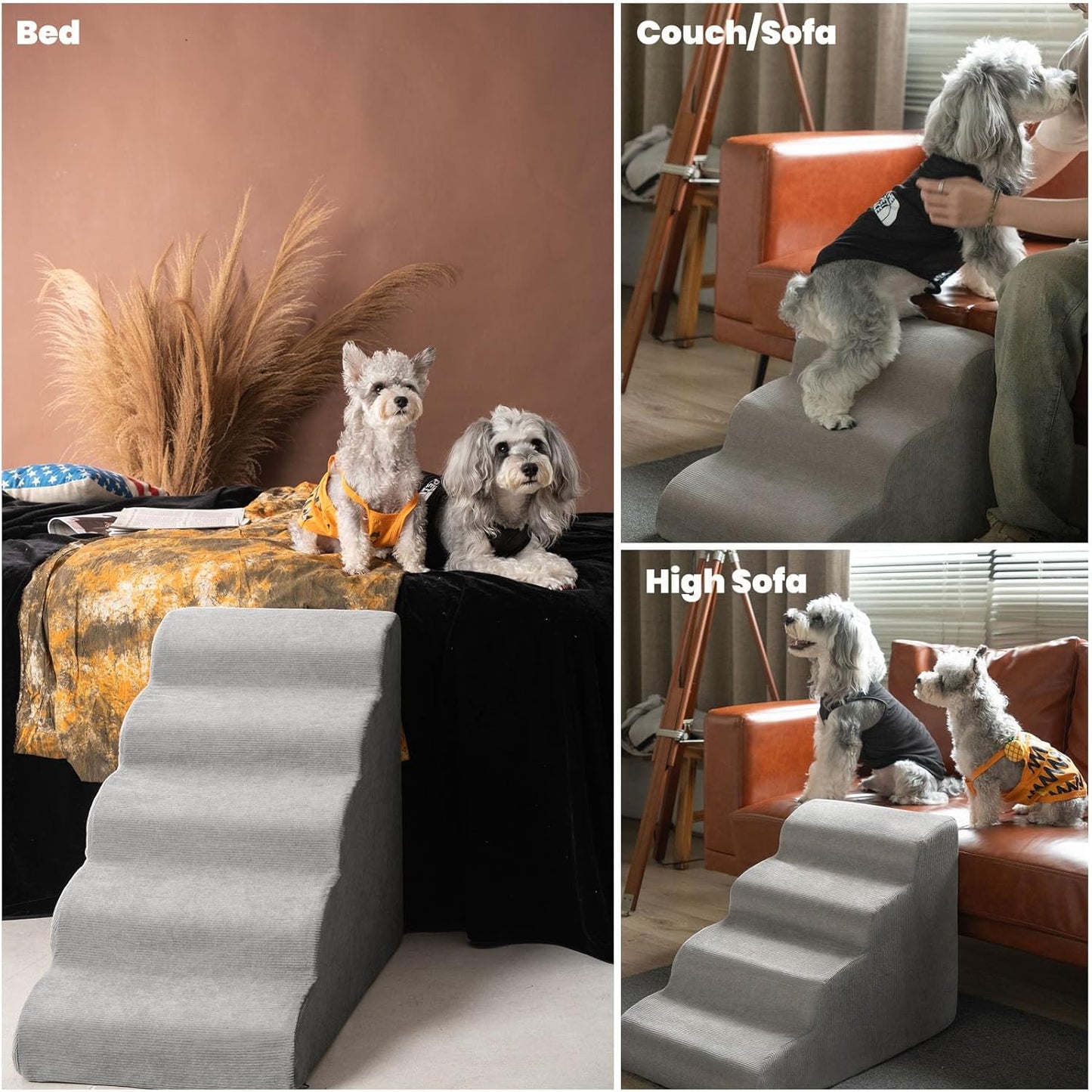 MEWANG Dog Stairs for Small & Medium Dogs and Old Cats –3/4/ 5 Steps High-Density Foam Pet Ramp for Bed & Couch, Non-Slip, Washable Cover, Grey (Round Corner, 4 Steps: 23.94''×18.27''×14.96'', 2) - Pet Explorer