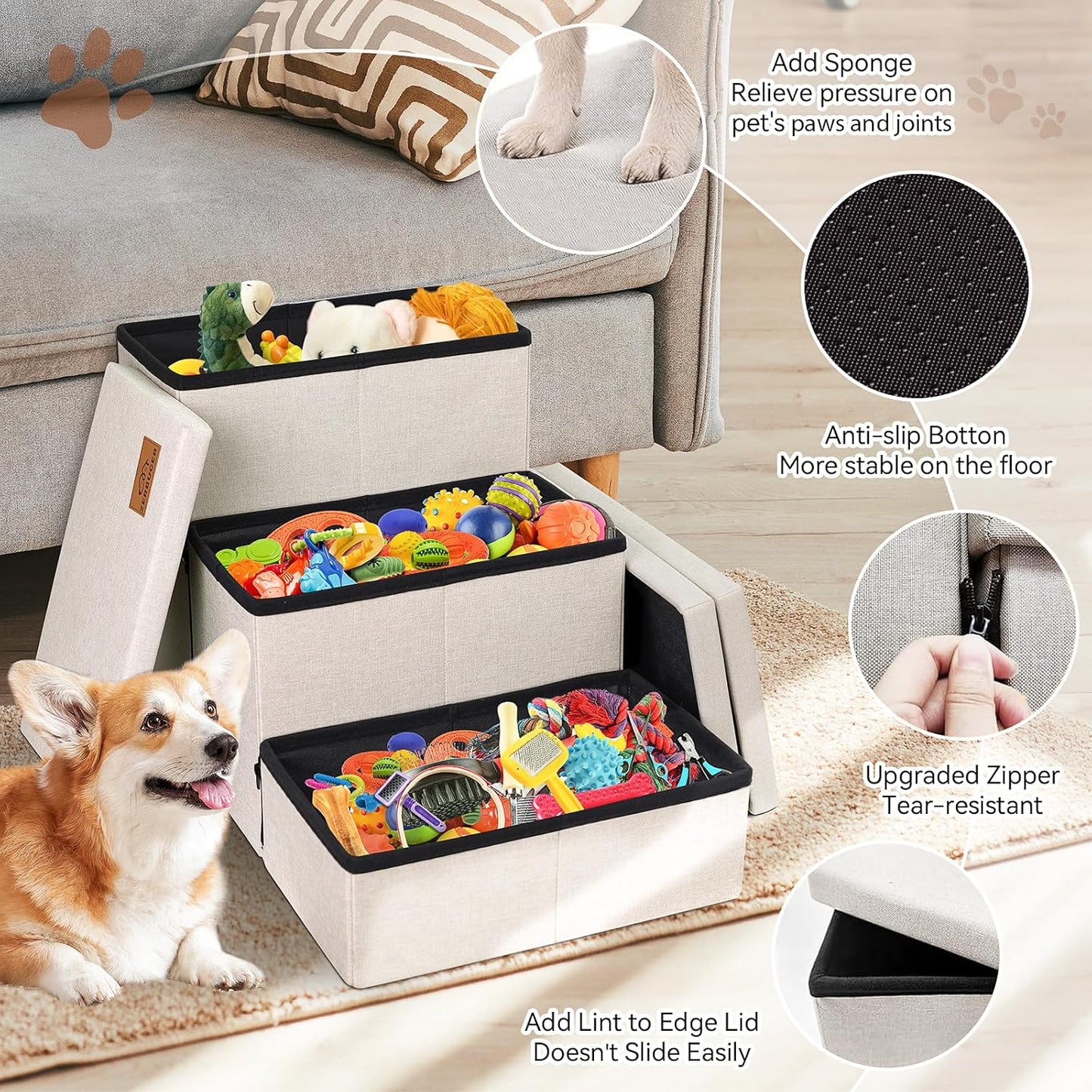 Dog Stairs with Storage 18" H, 3-Step Wider Dog Steps for Small/Medium/Large Old Dogs Cats, Folding Sturdy Pet Stairs Climbing Bed or Couch, Ramp for Car Up to 200 lbs (Beige, No Condo) - Pet Explorer