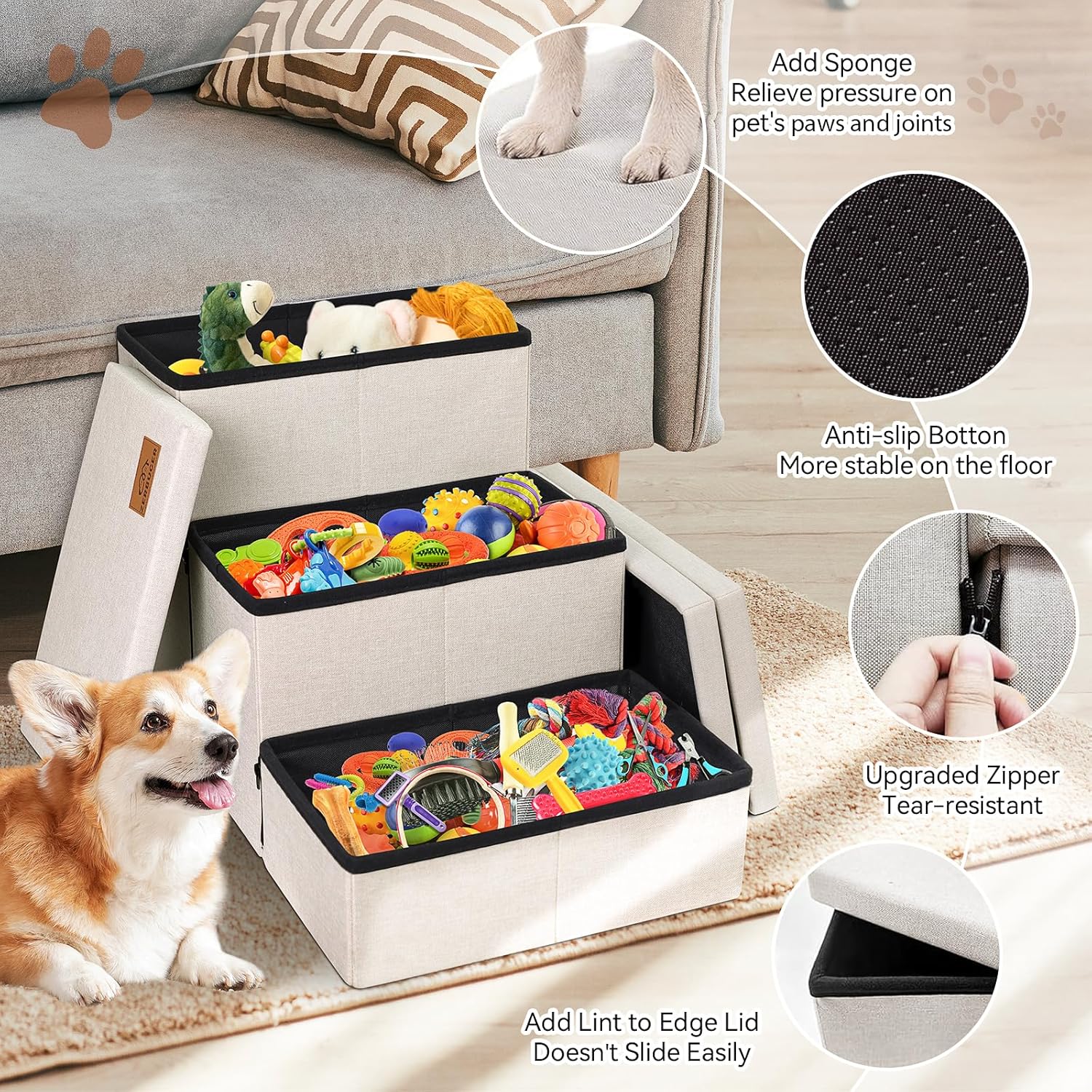 Dog Stairs with Storage 18" H, 3-Step Wider Dog Steps for Small/Medium/Large Old Dogs Cats, Folding Sturdy Pet Stairs Climbing Bed or Couch, Ramp for Car Up to 200 lbs (Beige, No Condo) - Pet Explorer