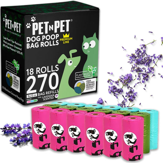 Pet N Pet 270 Counts Lavender Scented, Colorful Poop Bags for Dogs, 38% Plant Based & 62% PE Dog Poop Bags Rolls, Extra Thick Dog Waste Bag, Doggy Bag - Pet Explorer