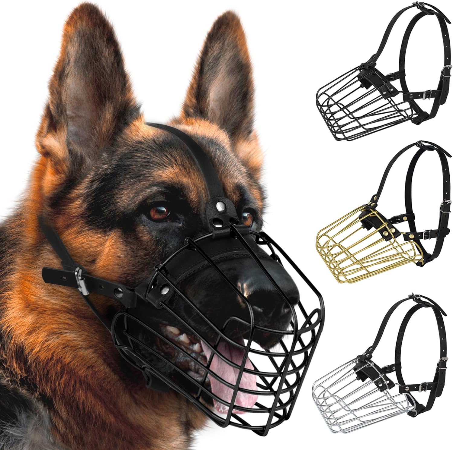 German Shepherd Dog Muzzle Metal Basket for Medium Large Dogs Adjustable Durable Leather Straps Secure Wire Mask for Biting Chewing Barking (Black, L - Size) - Pet Explorer