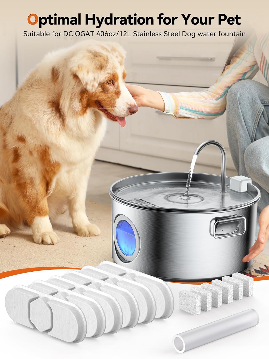 Dog Water Fountain for Large Dogs, 3.2Gal/406oz/12L Stainless Steel Pet Fountain, Quiet Dog Water Bowl Dispenser with Visible Window for Multi-pet Home(6 Set Filter) - Pet Explorer