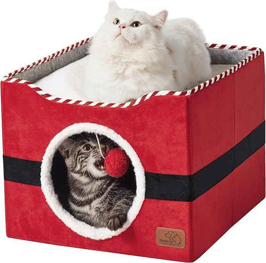 Bedsure Cat Beds for Indoor Cats - Large Cat Cave for Pet Cat House with Fluffy Ball Hanging and Scratch Pad, Foldable Cat Hideaway, 16.5x16.5x13 inches,Red