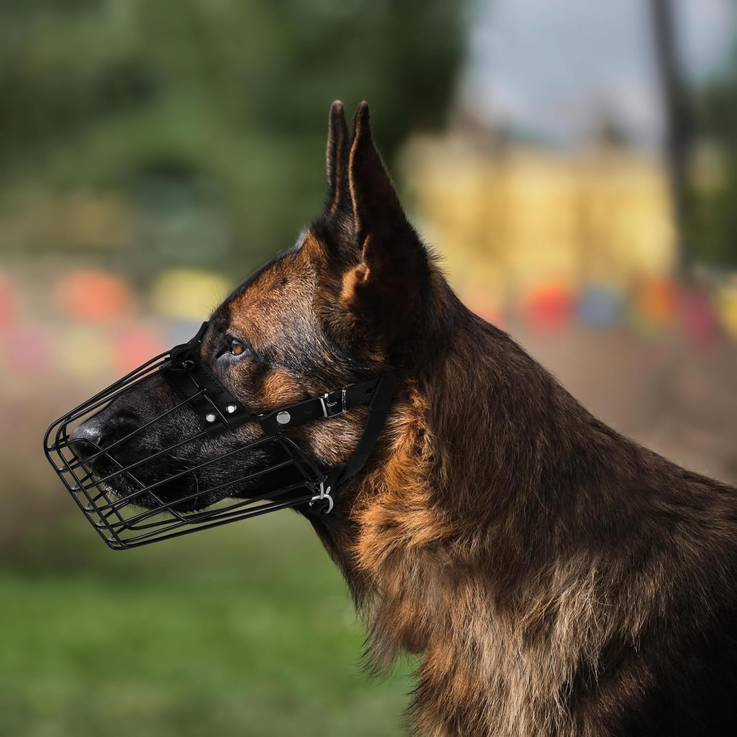 German Shepherd Dog Muzzle Metal Basket for Medium Large Dogs Adjustable Durable Leather Straps Secure Wire Mask for Biting Chewing Barking (Black, L - Size) - Pet Explorer