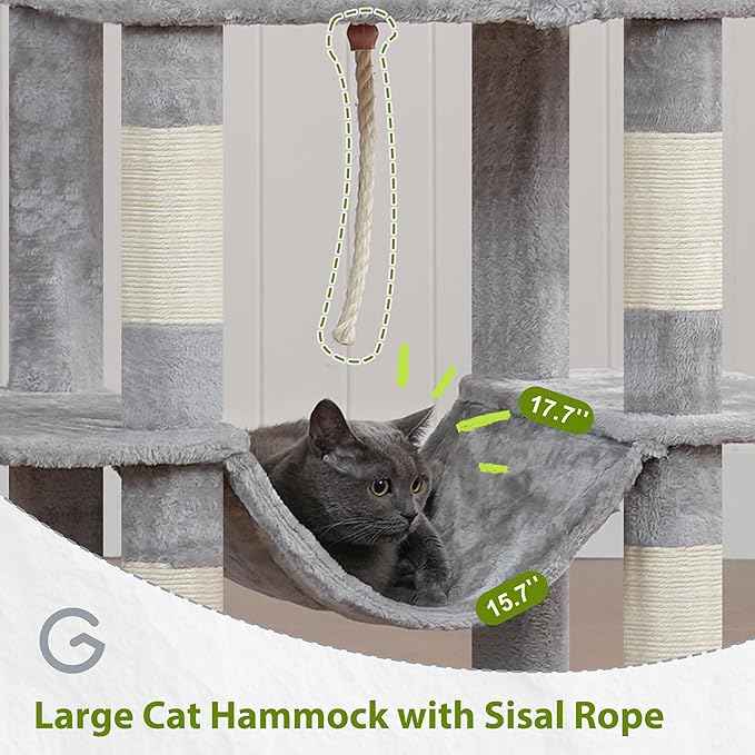 Tall Cat Tree, Large Cat Tower for Adult Cats, 80.7'' (205cm) Heavy-Duty Cat Tree House for Indoor Cats 20 lbs+ with Scratching Posts, 2 Top Perches/Condos, Hammcok, Light Gray GCT034W