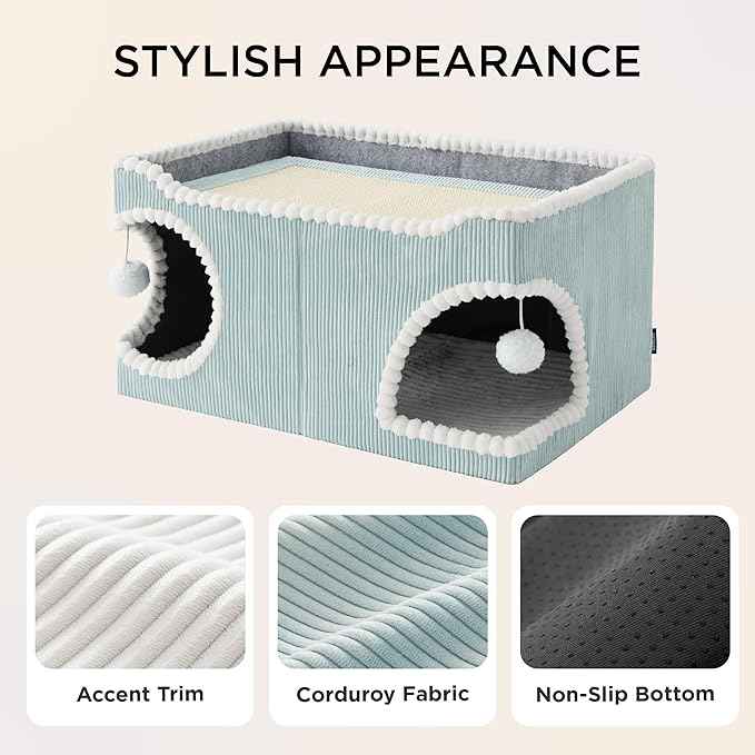 Bedsure Large Cat Beds for Indoor Cats - Extra Wide Cat House with Scratch Removable Top Sisal Pad for Multi Cats, Foldable Cave Hideaway for Entertainment, 23.6x15.9x12.6inches, Blue