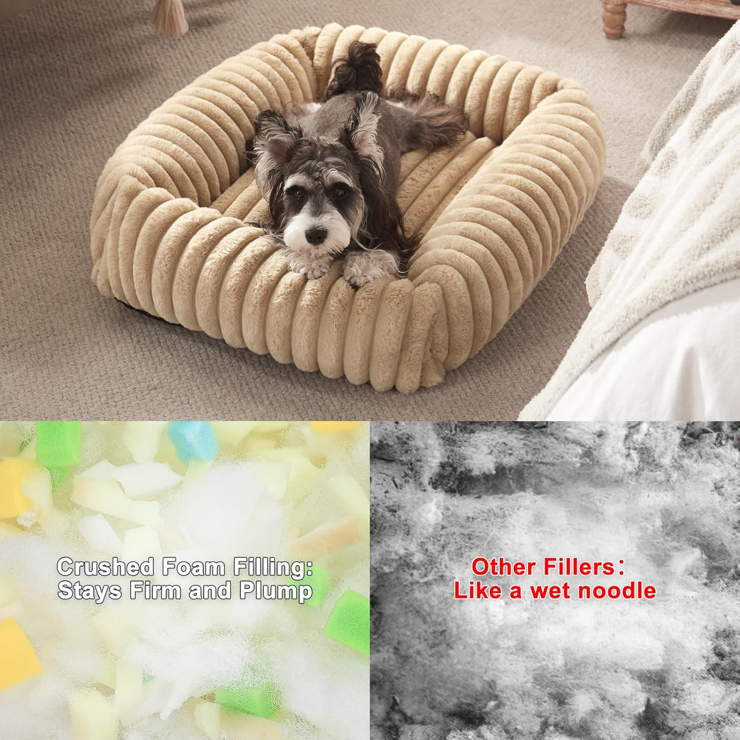 Dog Beds for Small Dogs, Washable Orthopedic Dog Bed with Removable Cover, Rectangle Soft Calming Sleeping Puppy Bed Durable Pet Cuddler with Anti-Slip Bottom, 20"x19"x6" Beige - Pet Explorer