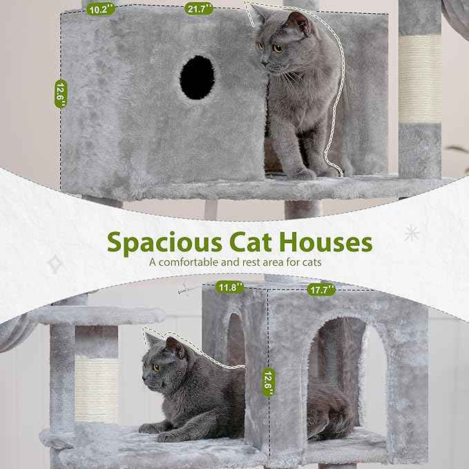 Tall Cat Tree, Large Cat Tower for Adult Cats, 80.7'' (205cm) Heavy-Duty Cat Tree House for Indoor Cats 20 lbs+ with Scratching Posts, 2 Top Perches/Condos, Hammcok, Light Gray GCT034W