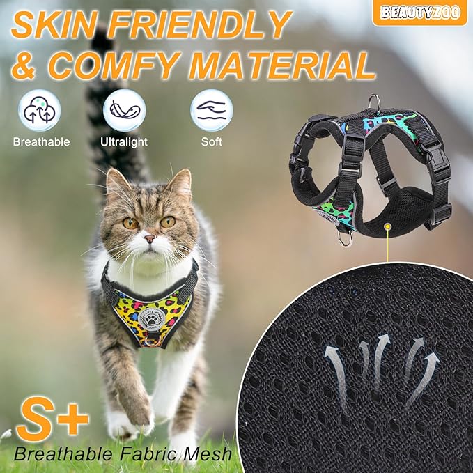 BEAUTYZOO Escape Proof Cat Harness and Leash for Walking, Soft Adjustable Cute Vest for Small to Large Cats, Reflective Breathable Easy-Control Outdoor Jacket, Kitten Harness and Leash Set, Leopard, M