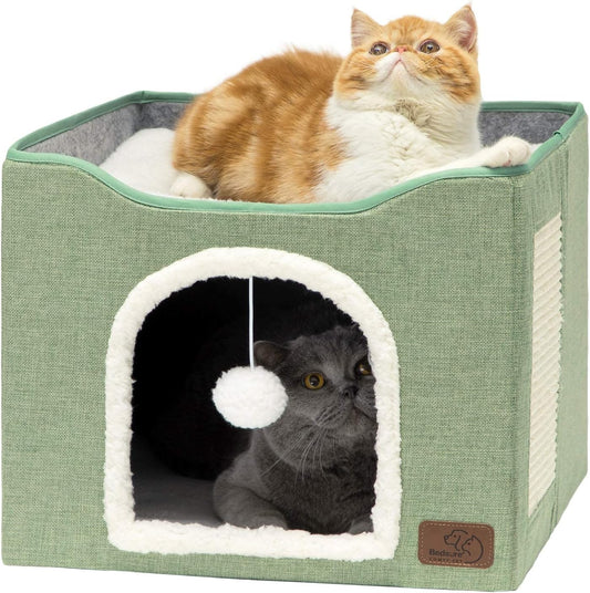 Bedsure Cat Beds for Indoor Cats - Large Cat Cave for Pet Cat House with Fluffy Ball Hanging and Scratch Pad, Foldable Cat Hideaway, 16.5x16.5x13 inches, Green - Pet Explorer