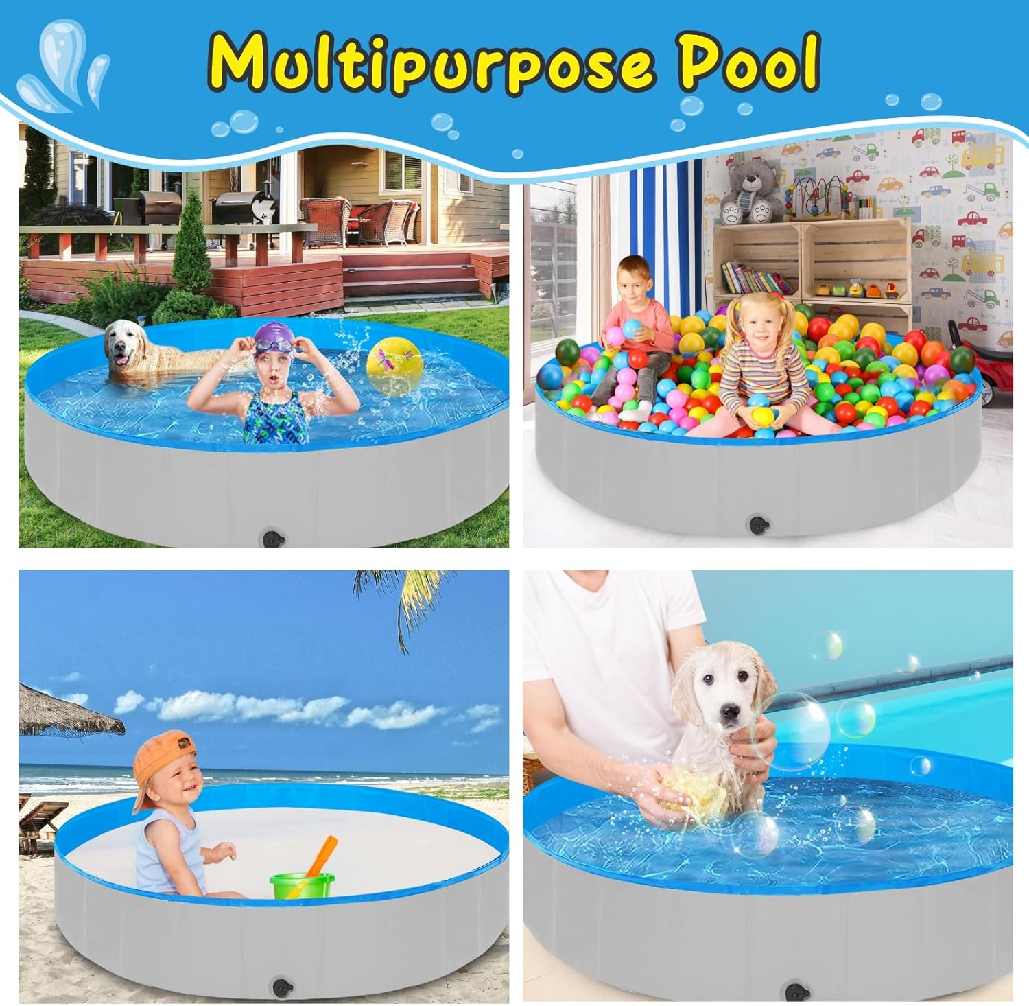 Foldable Dog Pool, 63" Kiddie Pool Hard Plastic, Portable Dog Swimming Pool for Large Dogs, Collapsible Pet Wading Pool & Bath Tub Outdoor Kids Pool Anti-Slip - Pet Explorer