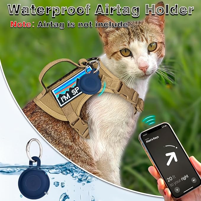 Tactical Cat Harness and Leash Set for Walking, Adjustable Escape Proof Pet Vest for Large Cat, Easy Control Breathable Vest with Handle，Molle Patches (Khaki+Leash, L)