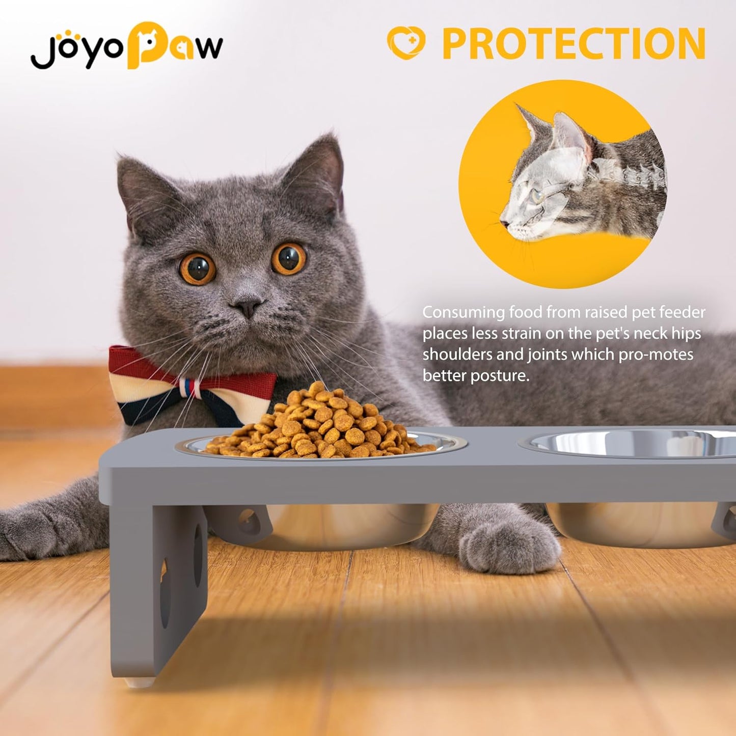 Elevated Dog Bowls, Bamboo Raised Dog Bowl for Small Dogs & Cats, with 2 Stainless Steel Bowls (4'' Tall-20oz Bowl, Grey) - Pet Explorer