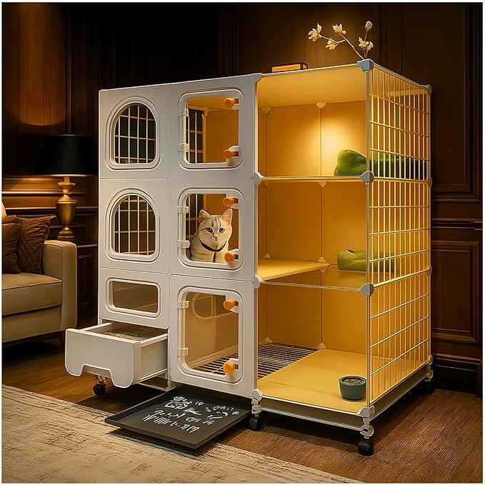 cat cage Indoor with Litter Box, Complimentary Bed, Bowl,Cleaning Three Piece Set,Large cat Enclosure, Cat House with Wheels Outdoor,Small Animal Cage cat Kennel (White, 41.8″(L) x18.1″(W) x46.1″(H))