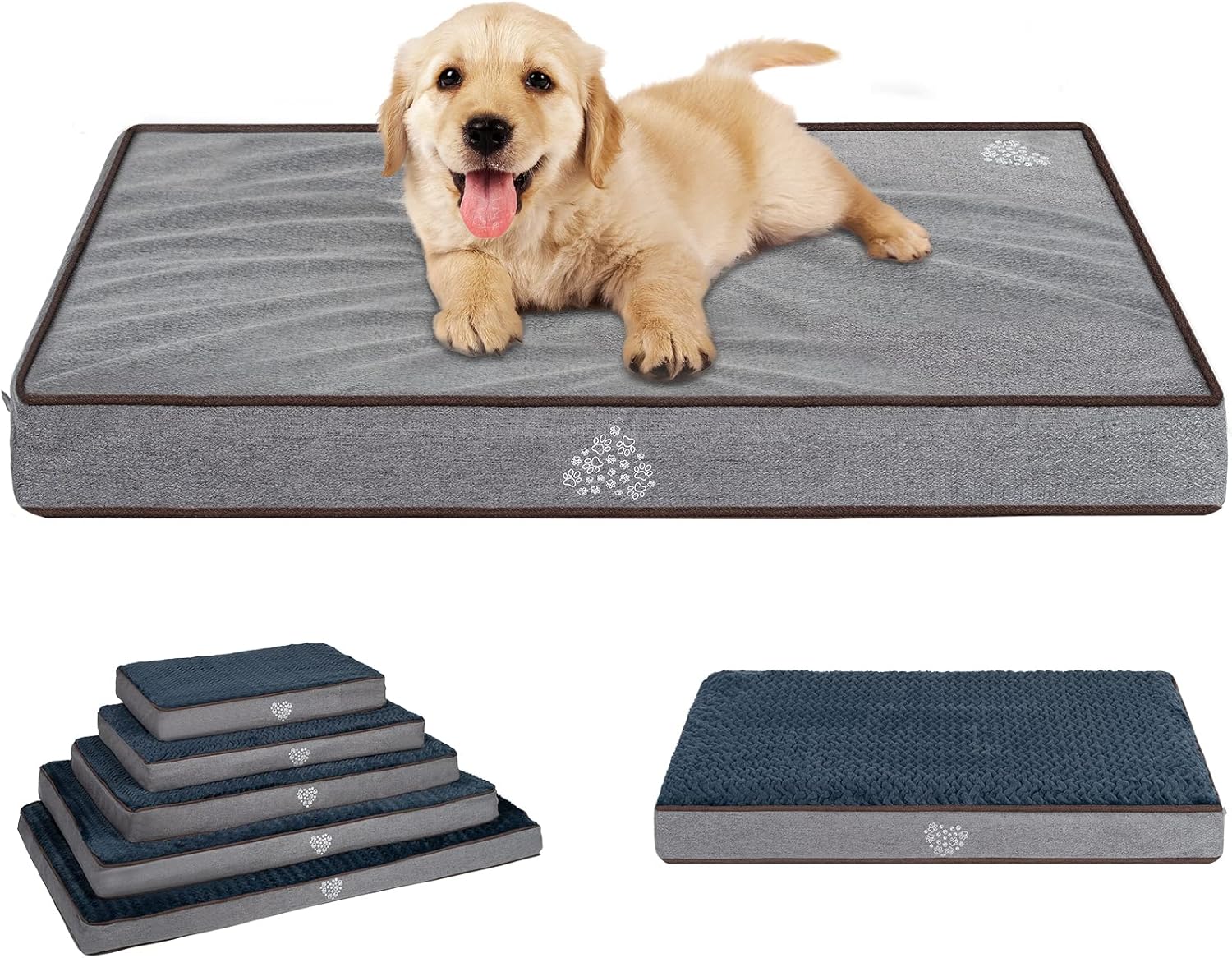 VANKEAN Dog Bed Soft Crate Pad Mat Reversible Cool & Warm, Washable Comfy Kennel Pad with Orthopedic Egg-Crate Foam for Small Medium Large Dogs, Water-Resistant Pet Bed, Gray/Dark Blue - Pet Explorer