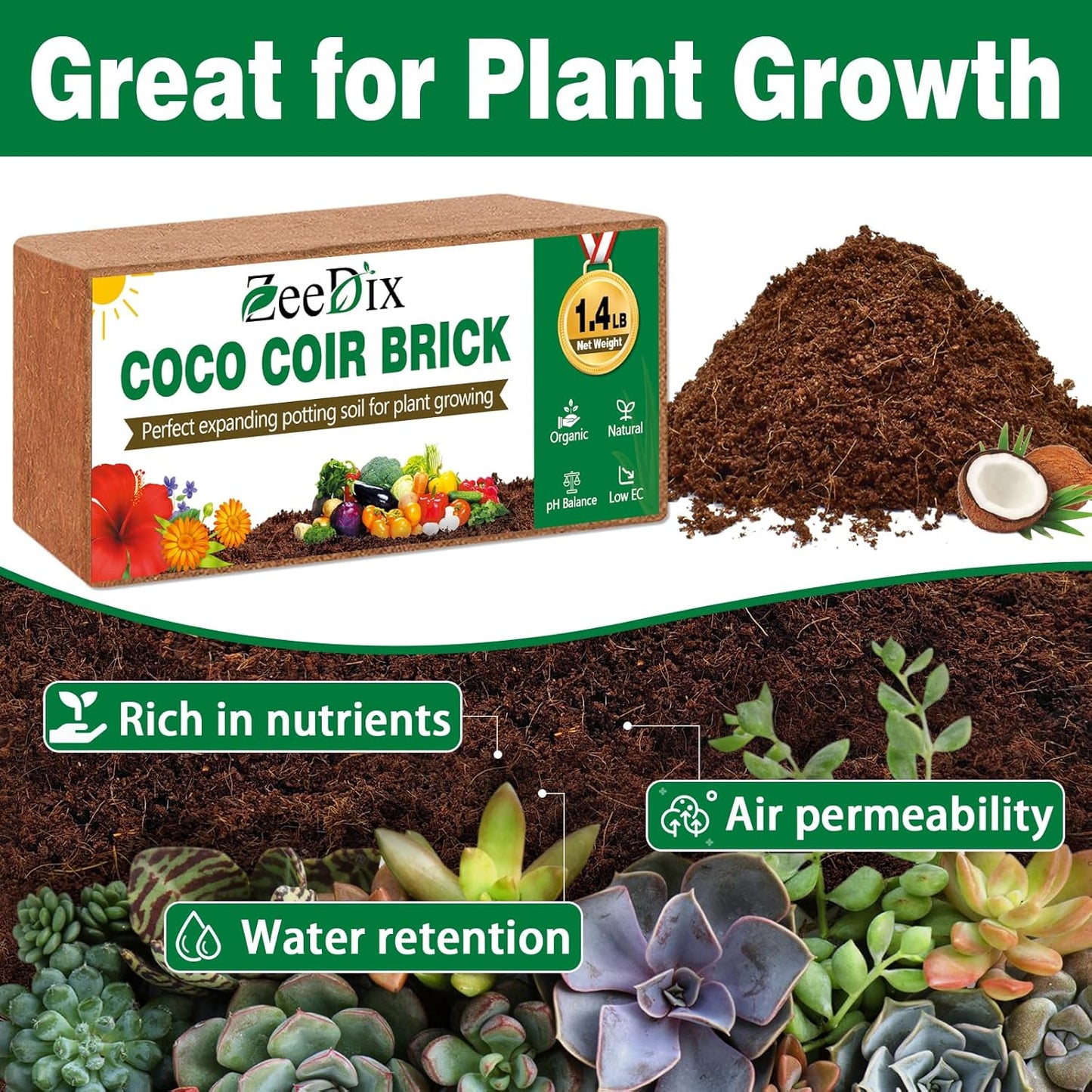 ZeeDix 8 Pack Coco Coir Brick (11.2lbs), 100% Organic Coconut Coir for Garden Soil & Potting Mix, Low EC and pH Balance, Compressed Coconut Husk Fiber for Seed Starter Soil for Indoor Outdoor Plants - Pet Explorer