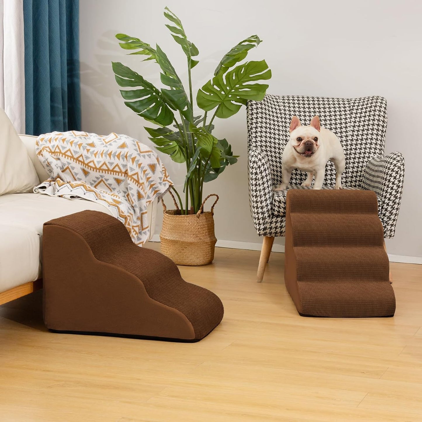4-Step Dog Stairs and Ramp for Beds or Couches – Non-Slip Sturdy Pet Steps for Small Dogs and Cats,17.4" H,Brown - Pet Explorer