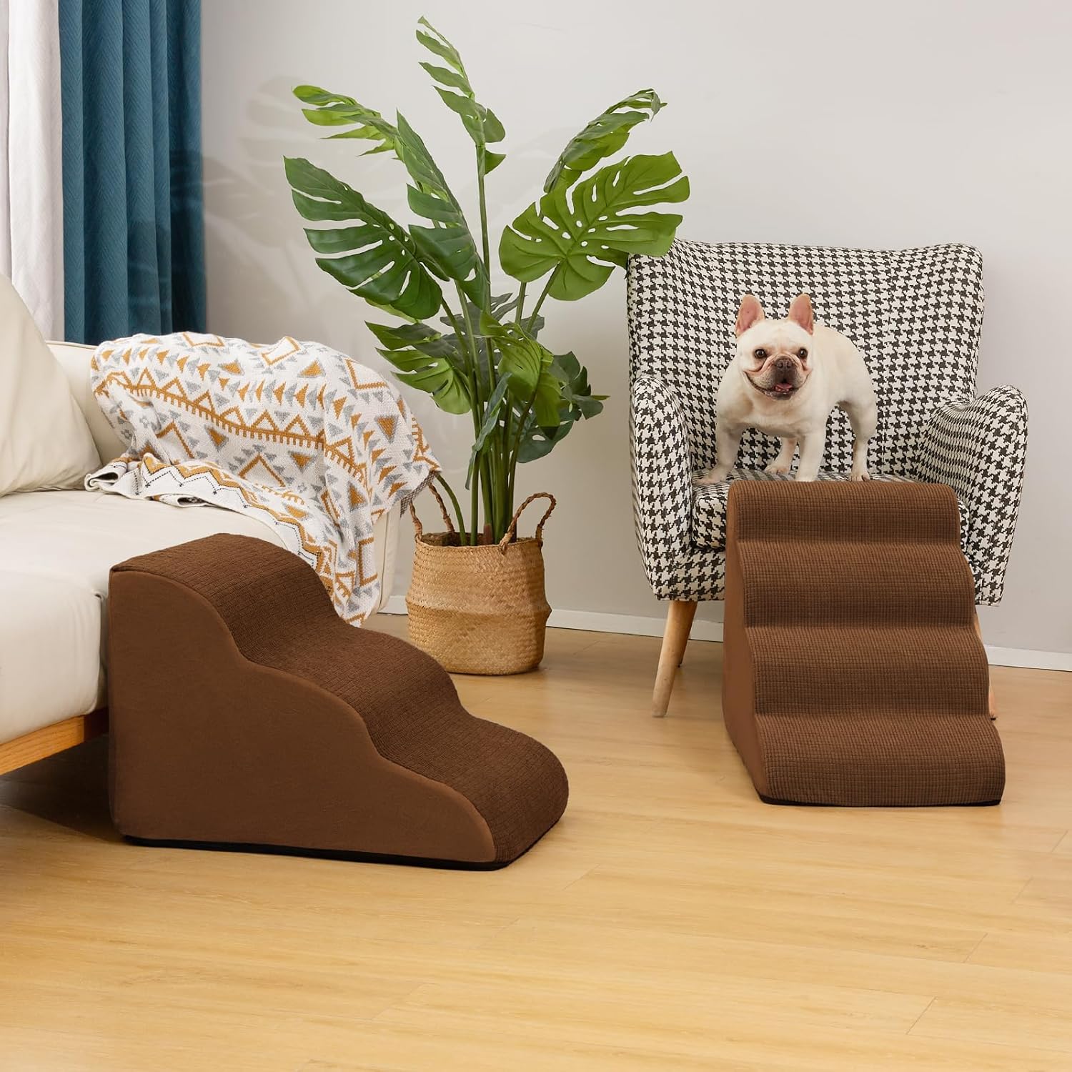 4-Step Dog Stairs and Ramp for Beds or Couches – Non-Slip Sturdy Pet Steps for Small Dogs and Cats,17.4" H,Brown - Pet Explorer