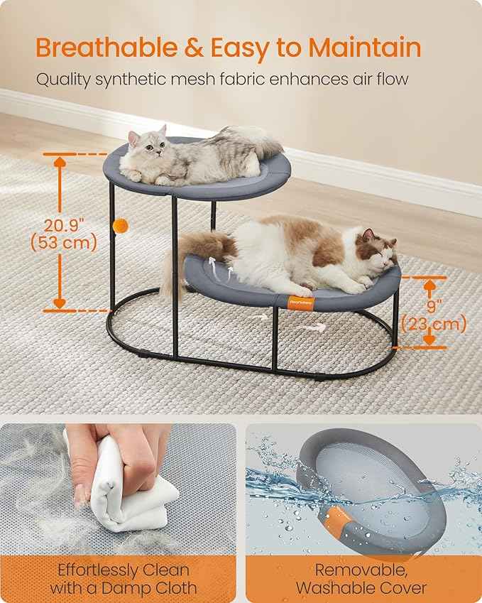 Feandrea 2-Tier Elevated Cat Hammock Bed, Breathable Furniture for Multi-Cat Households Indoor and Outdoor, with Removable Washable Mesh, Steel Frame, for Summer, Dove Gray UPCB012G01