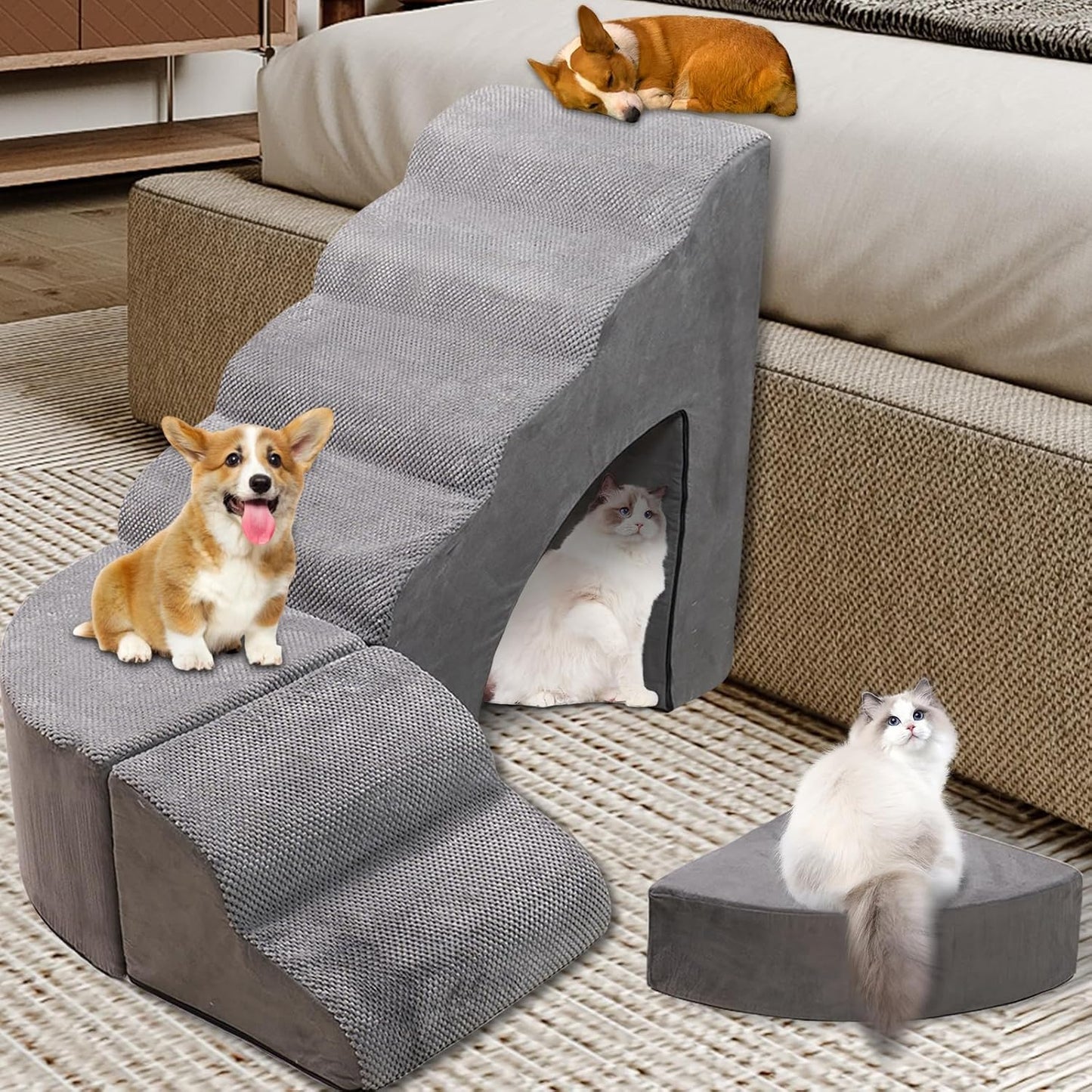 Foam Dog Stairs & Steps Ramps for High Beds 30 inches Tall for Small Dogs and Cats, LitaiL 6 Step Pet Stairs Steps for High Beds 30 inch Large Dogs, Non-Slip Dog Ramps for Older Cat - Pet Explorer