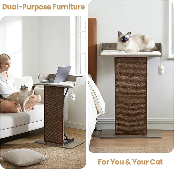 Modern Wood Cat Tree Tower for Indoor Large Cats, 33.8-Inch Tall Wooden Cat Trees with Big Perch Bed, Cat Scratching Pads, Washable Removable Cushions and Scratching Mat, Cat Furniture, Greigy