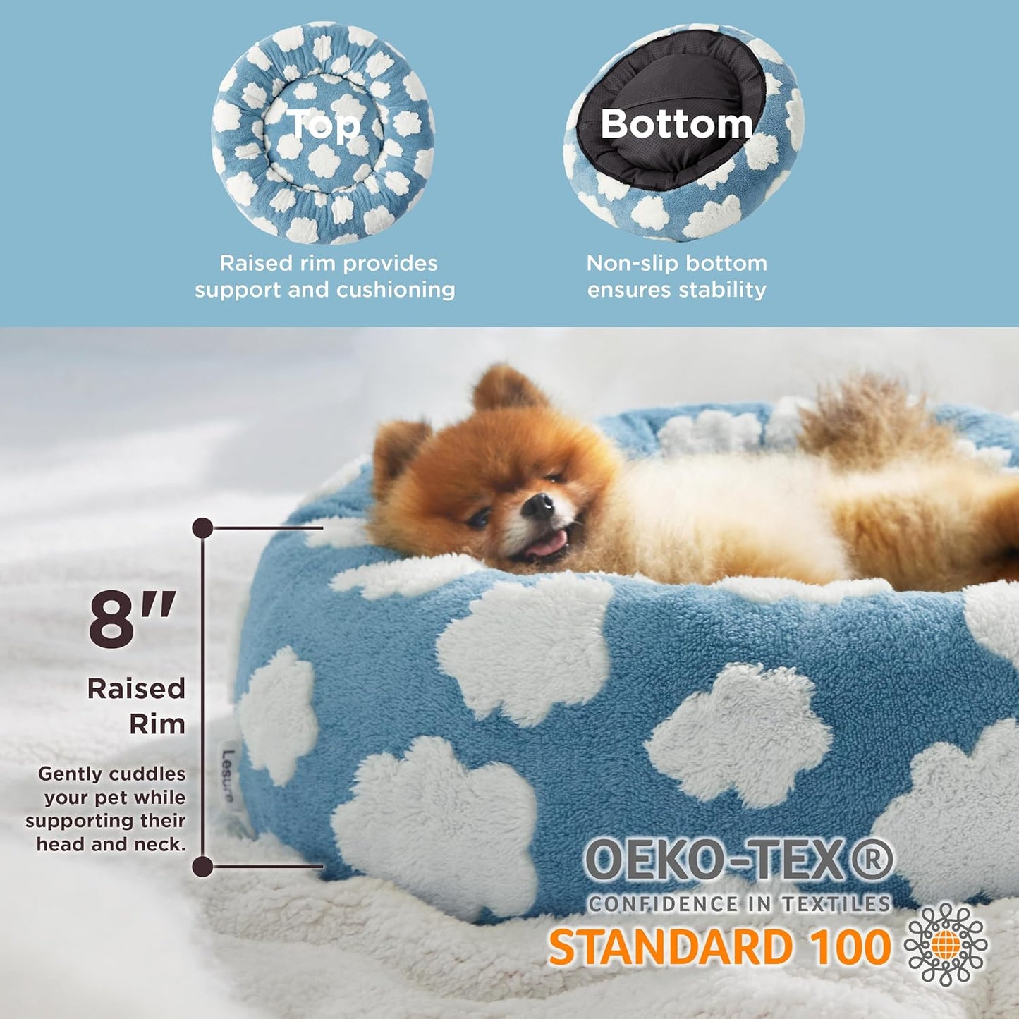 LE SURE Donut Small Dog Bed - Round Cat Beds for Indoor Cats Calming Pet Beds, Cute Modern Beds with Jacquard Shaggy Plush & Anti Slip Bottom, 27 Inch, Blue - Pet Explorer