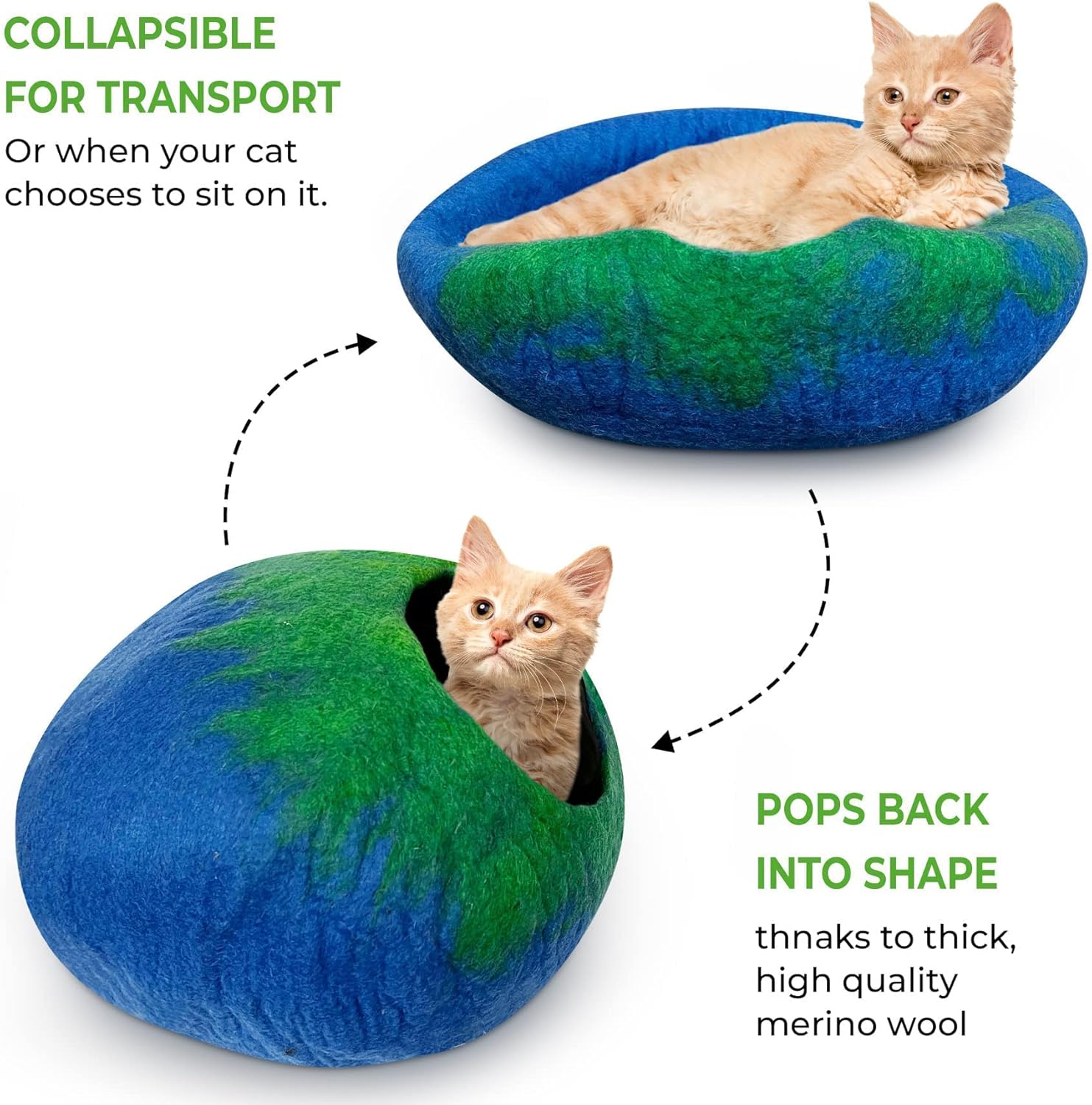 Woolygon Premium Felt Cat Cave Bed – Wool Kitty Beds Handcrafted Kitten Caves Bed for Indoor Cats - Made from 100% Eco-Friendly Merino Wool, Foldable Cat Hidewawy Covered Cat Houses (Emerald Indigo) - Pet Explorer
