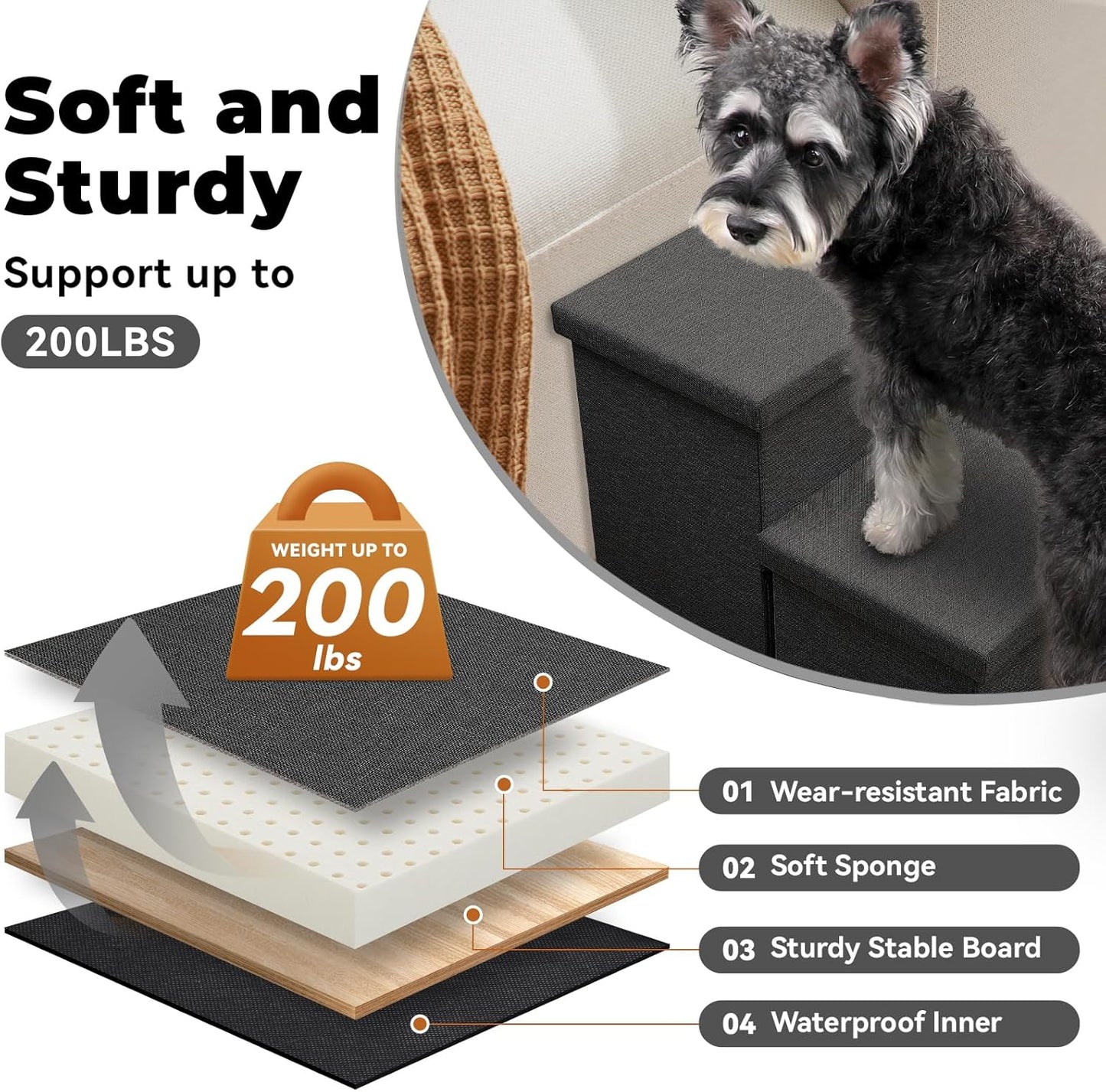 Dog Stairs with Storage 18" H, 3-Step Wider Dog Steps for Small/Medium/Large Old Dogs Cats, Folding Sturdy Pet Stairs Climbing Bed Couch, Ramp for Car Hold Up to 200 lbs (Dark Grey, No Condo) - Pet Explorer