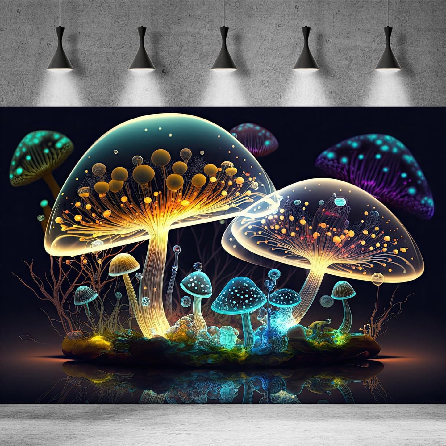 Mushroom Aquarium Background Abstract Glowing Fantasy Mushrooms Terrarium Background Mysterious Forest Magical Night In Circle Shape Crystal Glass Fish Tank Backdrop Decorations Vinyl 48x18in - Pet Explorer