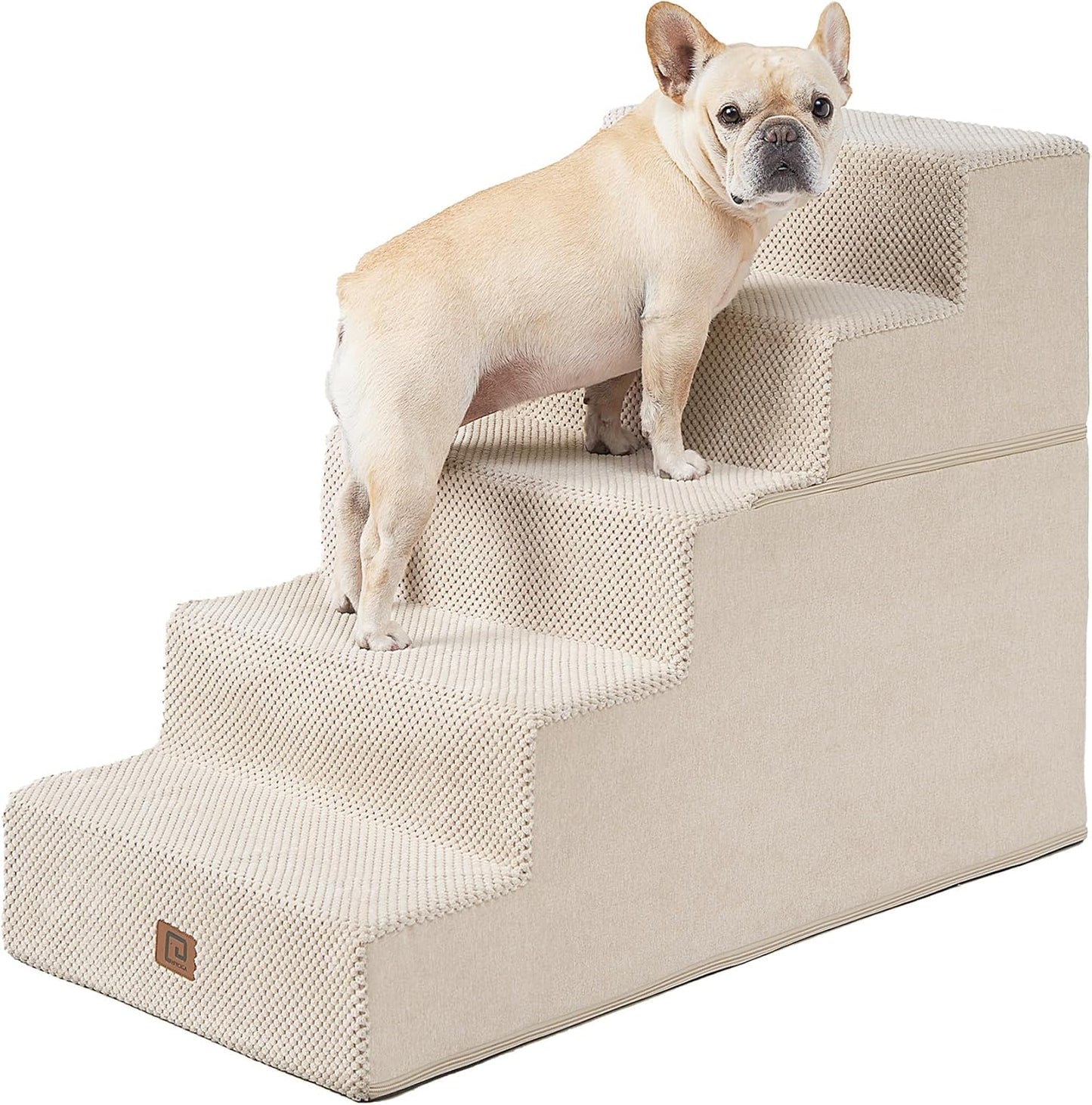 EHEYCIGA Dog Stairs for High Bed 25" H, 5-Step Extra Wide Dog Steps for Bed, Pet Steps for Small Dogs and Cats, Non-Slip Balanced Pet Ramp Indoor, Beige - Pet Explorer