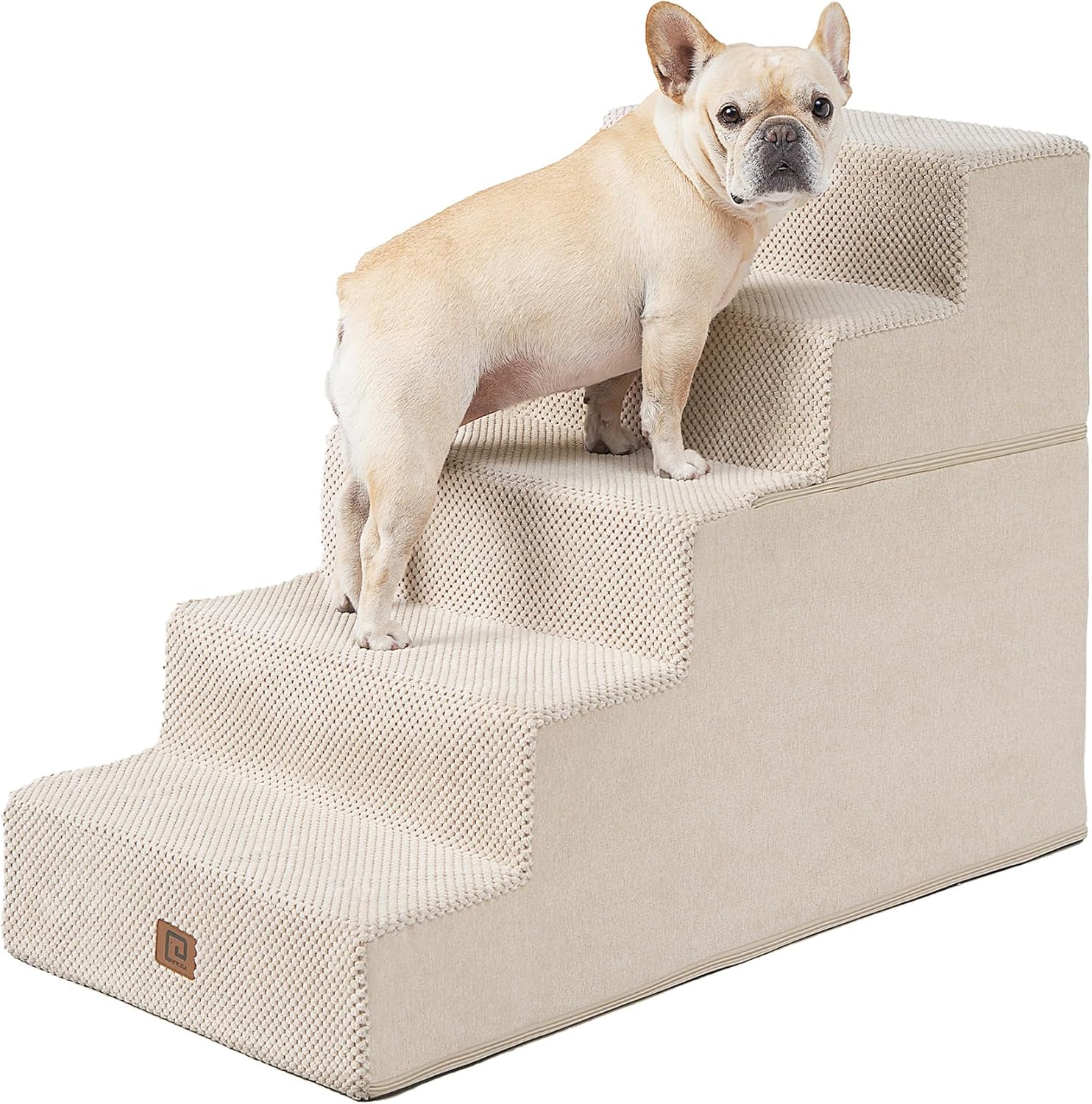 EHEYCIGA Dog Stairs for High Bed 25" H, 5-Step Extra Wide Dog Steps for Bed, Pet Steps for Small Dogs and Cats, Non-Slip Balanced Pet Ramp Indoor, Beige - Pet Explorer