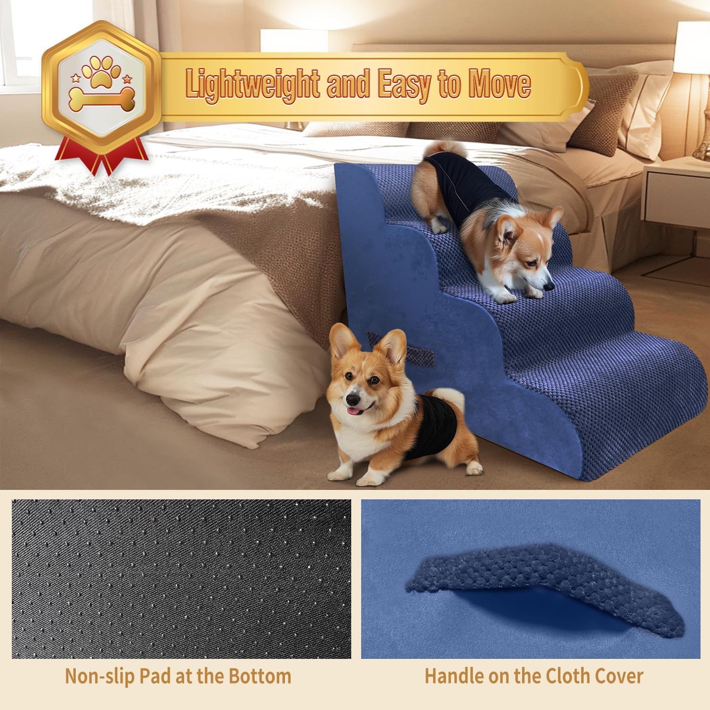 PAWSCART Dog Stairs for Small Dogs and Cats, 4-Step Dog Steps for Bed, 19.6" H Pet Stairs for High Bed, Pet Ramp for Couch, Sofa, Non-Slip Surface Removable Washable Cover, Blue - Pet Explorer