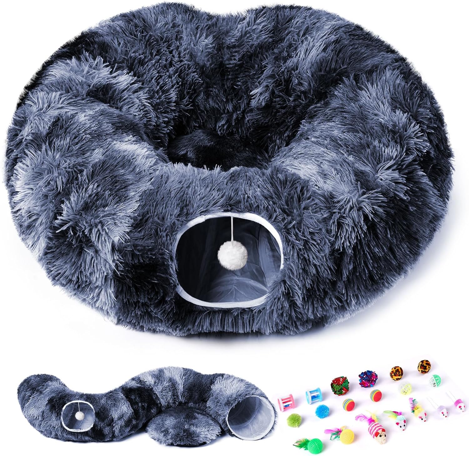 Odoland Cat Tunnels for Indoor Cats with Fluffy Plush Central Cat Couch and 20 Cat Toys, Tunnel Bed for Cats with Hanging Ball, Detachable Soft Mat and Variety Kitty Toy Set, Deep Blue - Pet Explorer