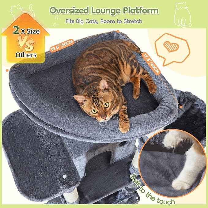Taoqimiao 72 Inch Cat Tree, XXL Cat Tower for Indoor Cats Large Adult 25Lbs+, Extra-Large Platform, 2 Cat Houses, 7 Scratching Post, Extra-Sized Durable Hammock, Cozy Basket, Smoky Gray, F20G
