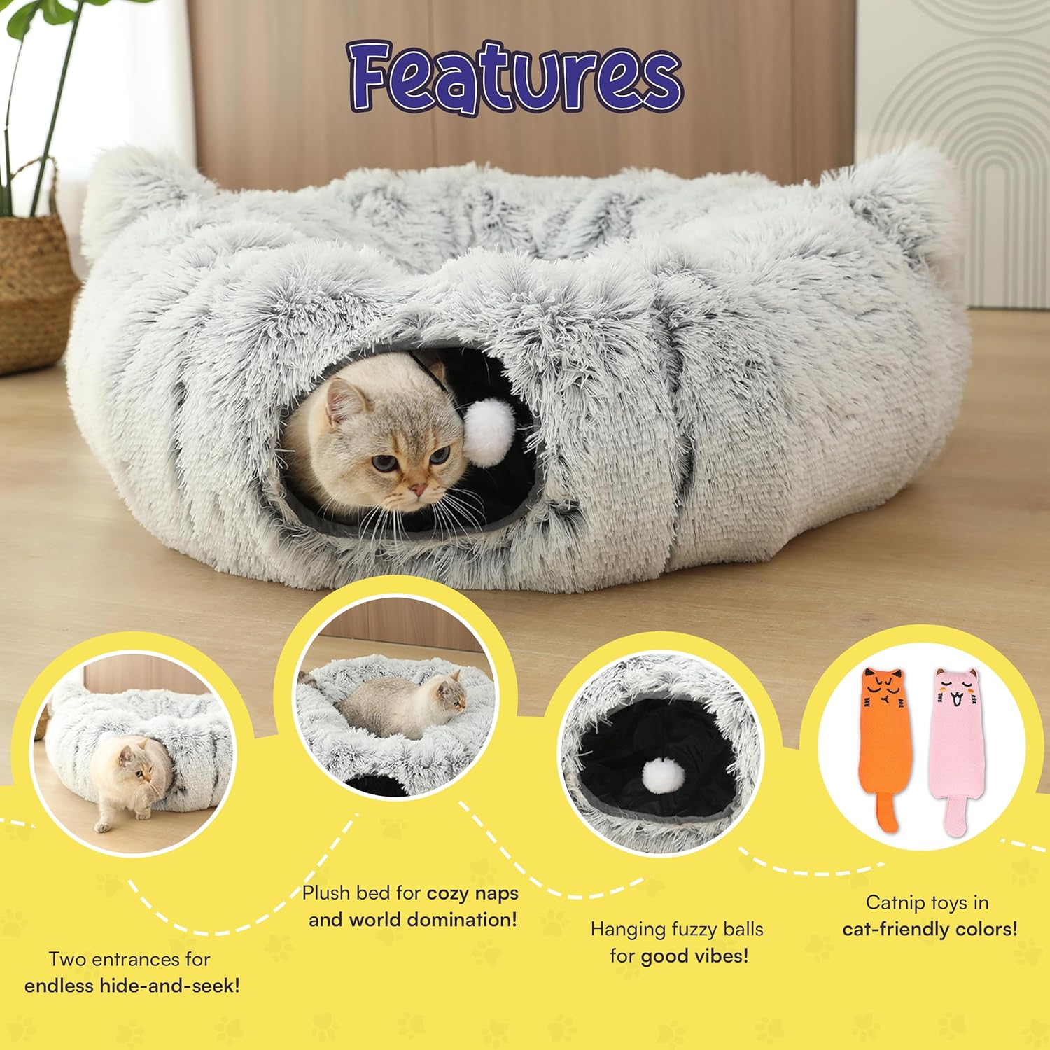 Cat Tunnel Bed Cave with Catnip Toys - Peekaboo Cat Hideaway & Cat Donut Tunnel - 3-in-1 Cat Tunnels for Indoor Cats - Foldable Cute Cat Bed - 32" Washable - Pet Explorer