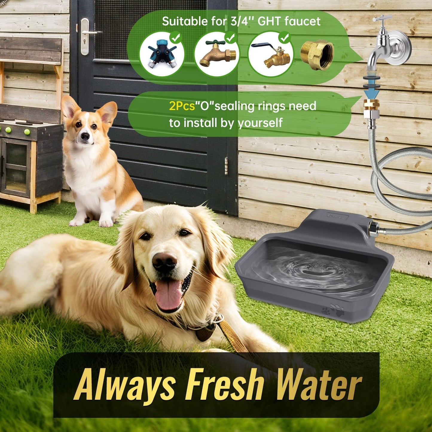 135OZ Automatic Water Dispenser for Large Dogs Patented Outdoor Dog Water Bowl Dispenser Automatic Dog Feeder Fit 3/4'' GHT Faucet Dog Waterer Include Water Hose Extra-Large Drinking Area - Pet Explorer
