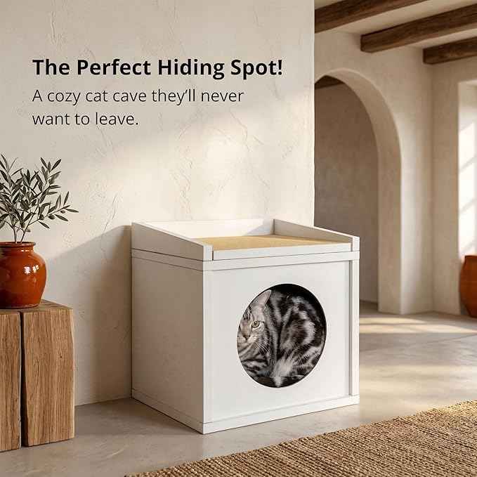 Meowdium Cat House – Cat Condo with Cardboard Scratcher, Scratching Post, Bed & Toy Storage, Cozy Cat Furniture & Accessories for Indoor Cats, White