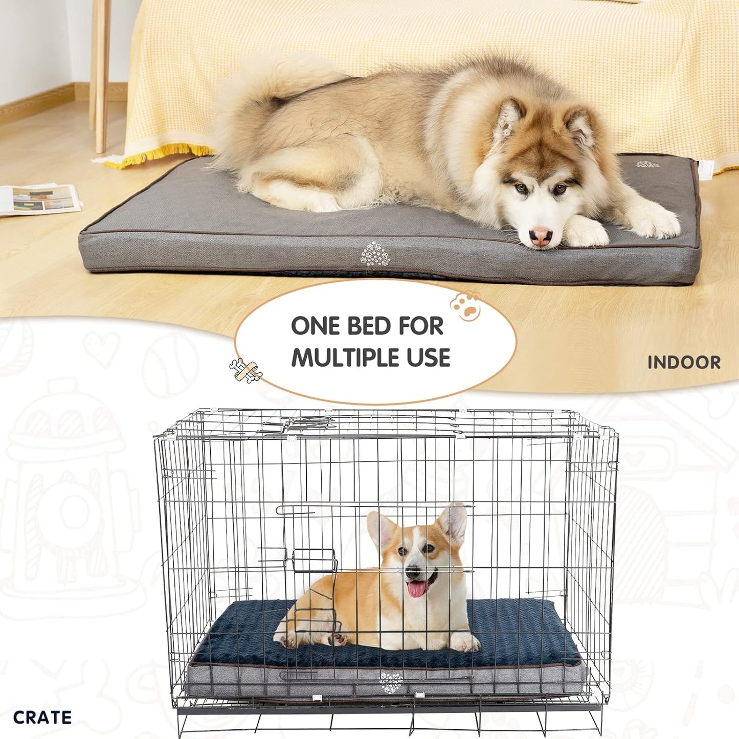 VANKEAN Dog Bed Soft Crate Pad Mat Reversible Cool & Warm, Washable Comfy Kennel Pad with Orthopedic Egg-Crate Foam for Small Medium Large Dogs, Water-Resistant Pet Bed, Gray/Dark Blue - Pet Explorer
