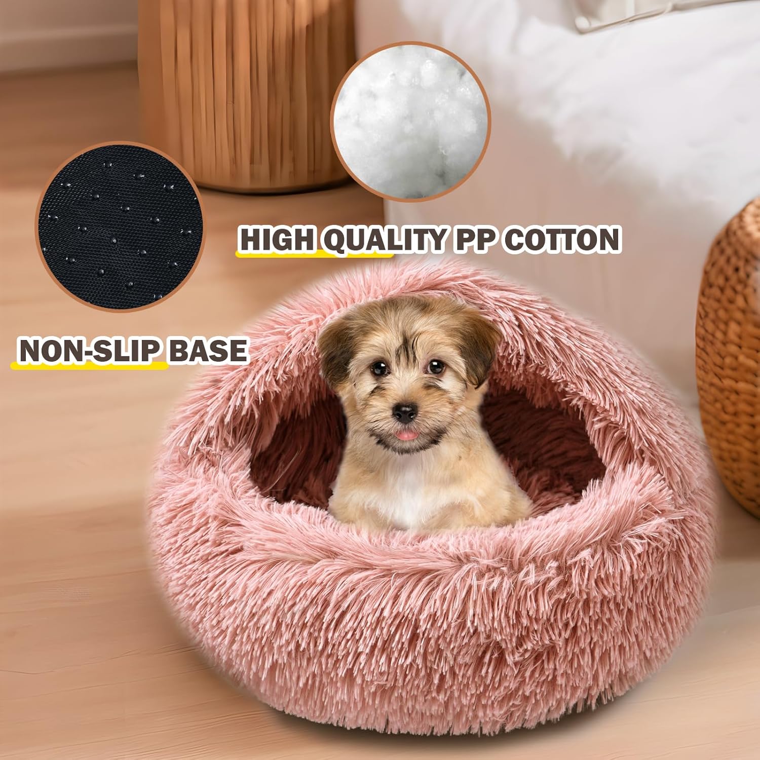 Cat Bed for Indoor Cats, Calming Cozy Cave with Self-Warming Plush, Entire Bed Machine Washable & Anti-Slip Base, Breathable Pet Bed for Small Cats&Dogs All Seasons (Leather Pink, 24 * 24inch) - Pet Explorer