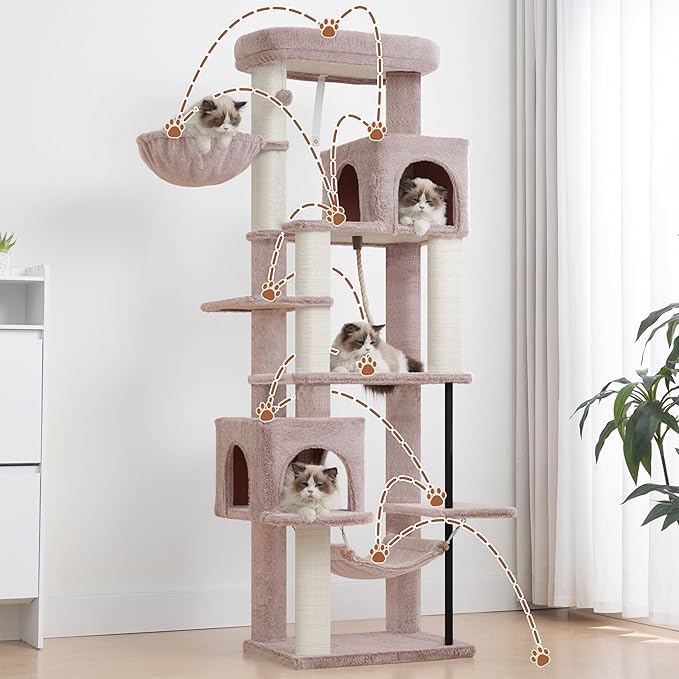 Cat Tree for Indoor Cats Large Adult, 70.5'' Cat Tower with Scratching Post, Sturdy Steel Pube Cat Tree Tower with Large Playing Platfrom, Hammock and Basket, Top Perch, Mushroom GCT024MU