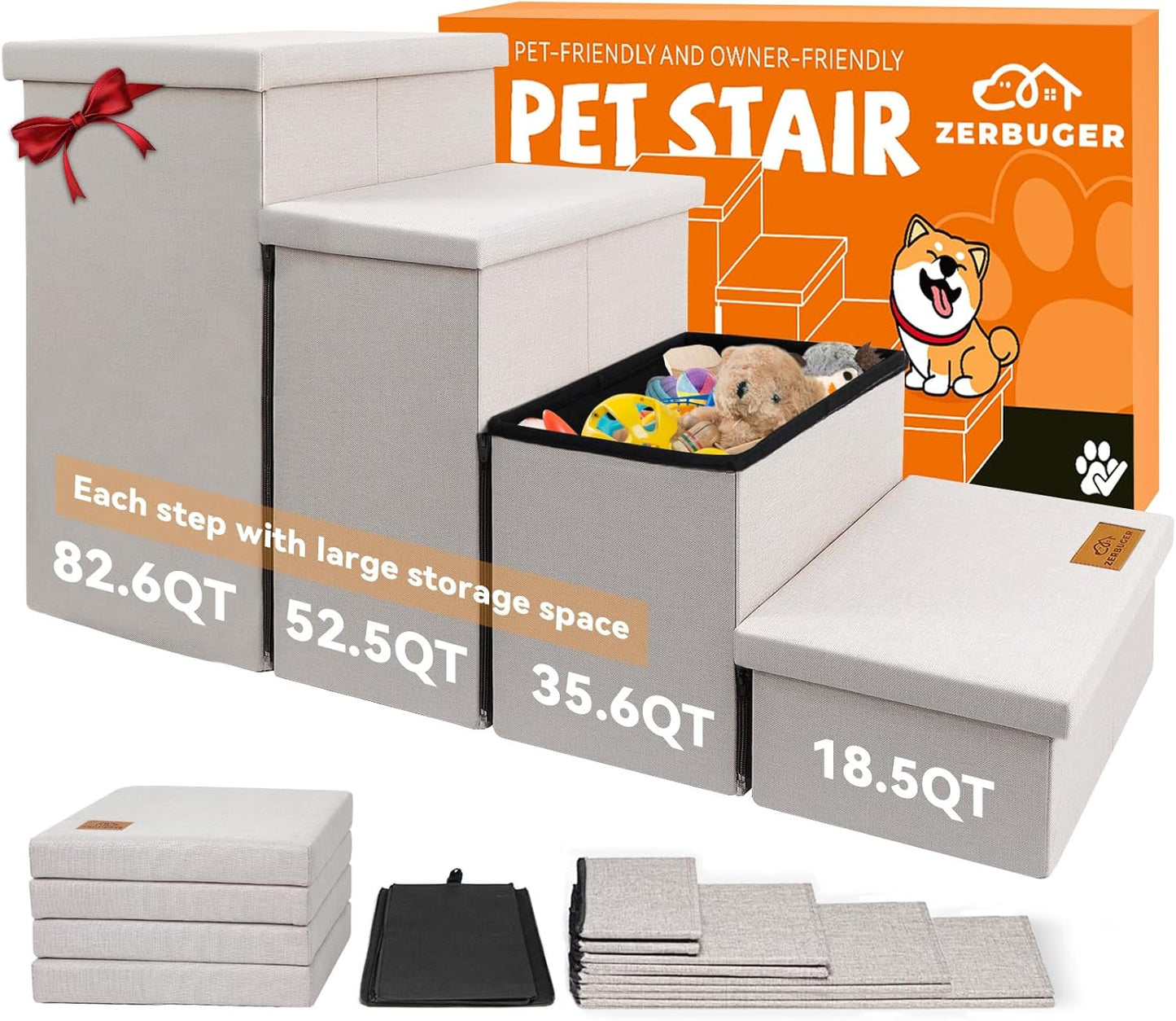 Dog Stairs with Storage 23" H, 4-Step Wider Dog Steps for High Beds Window, Folding Sturdy Pet Stairs Gift for Small/Medium/Large Old Dogs Cat, Ramp for Climbing Car Up to 200 lbs, Beige - Pet Explorer